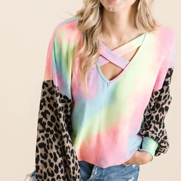 NWT BiBi Tie Dye Terry Top with Leopard Puff Sleeves - Picture 5 of 7